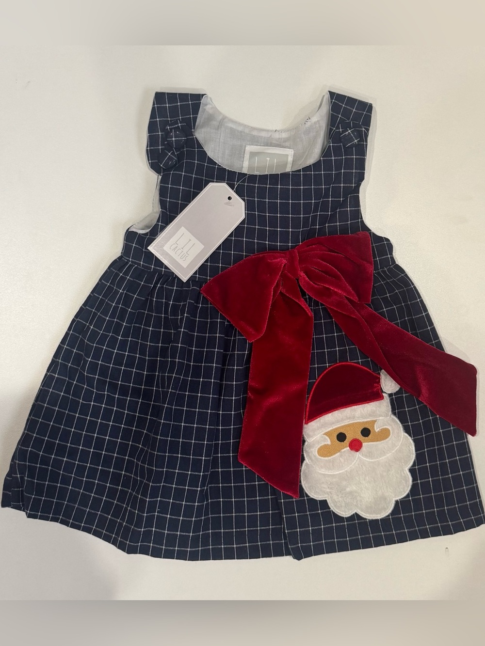 LIL CACTUS-Navy Grid Holiday Dress with Velvet Red Bow